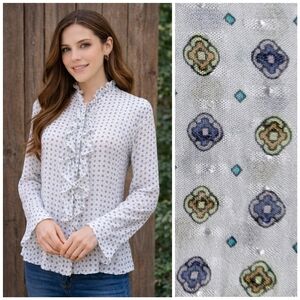 Massimo Dutti Women’s Blouse Button Front Ruffle Detail 100% Viscose